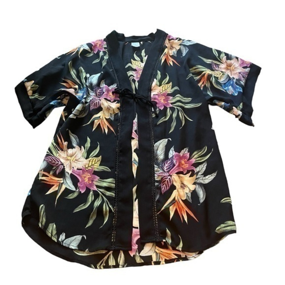 Kona Sol tropical birds of paradise floral kimono beach cover up cardigan